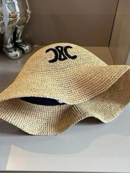 Celine Triomphe Raffia Bucket Hat Natural Straw Embroidered Triomphe Logo Sun Ha